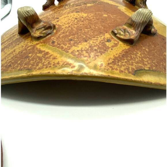 Vintage Butterfly signed Studio Pottery Gold Burnt orange footed dish signed - Picture 9 of 10